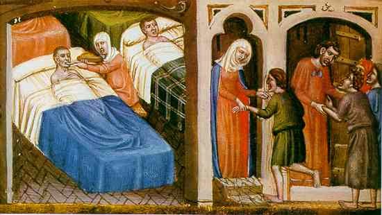 Ilustración de un manuscrito del siglo XIII en el cual se representa la atención en un hospital de la era. No pensábamos siquiera en la Cobertura Universal de Salud. La meta se limitaba a tratar enfremos con las condiciones que se pudiera. Realidad todavía vigente en algunas latitudes.